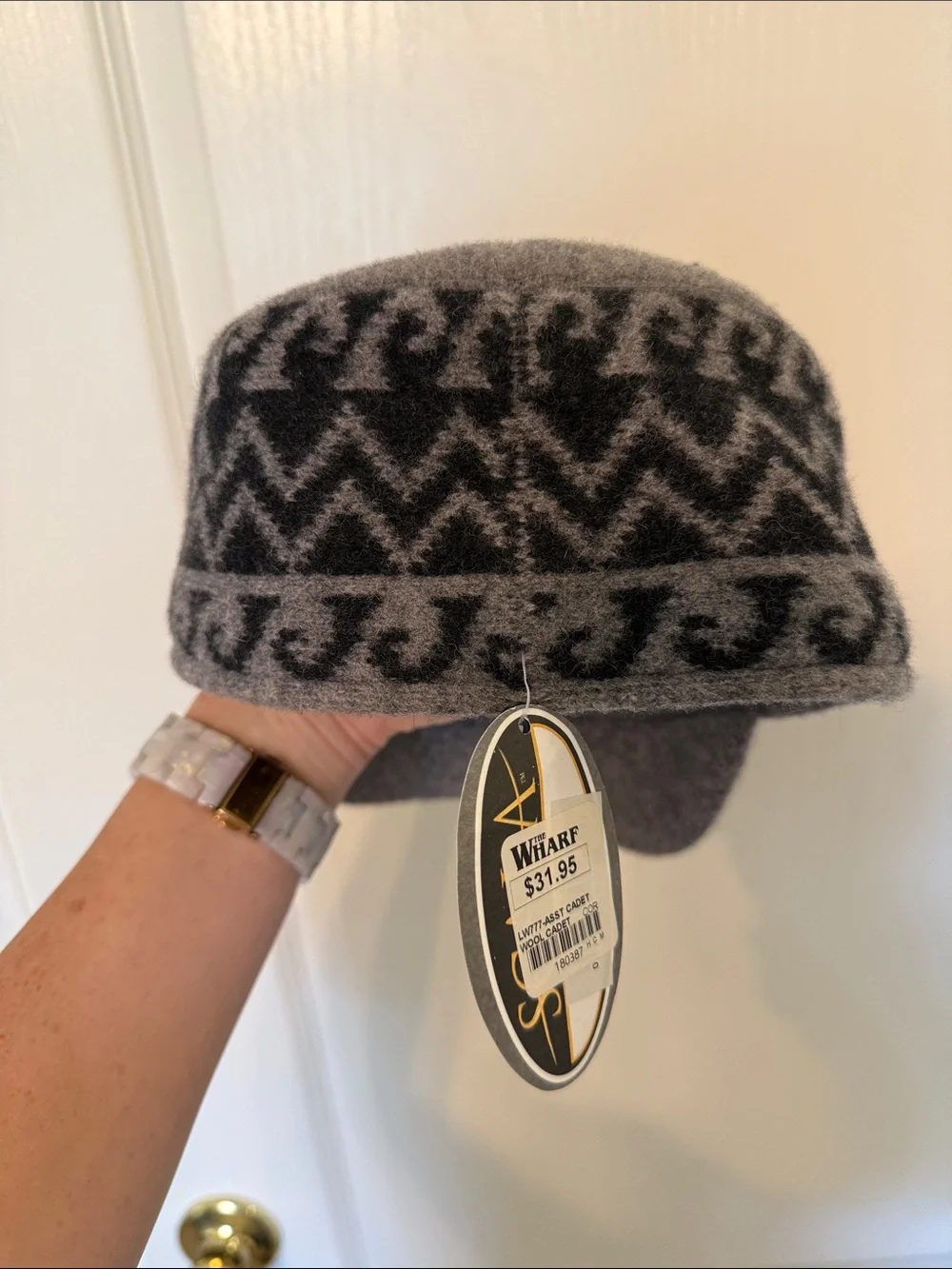 Scala Cadet Wool Visor Hat with Black Geometric Pattern